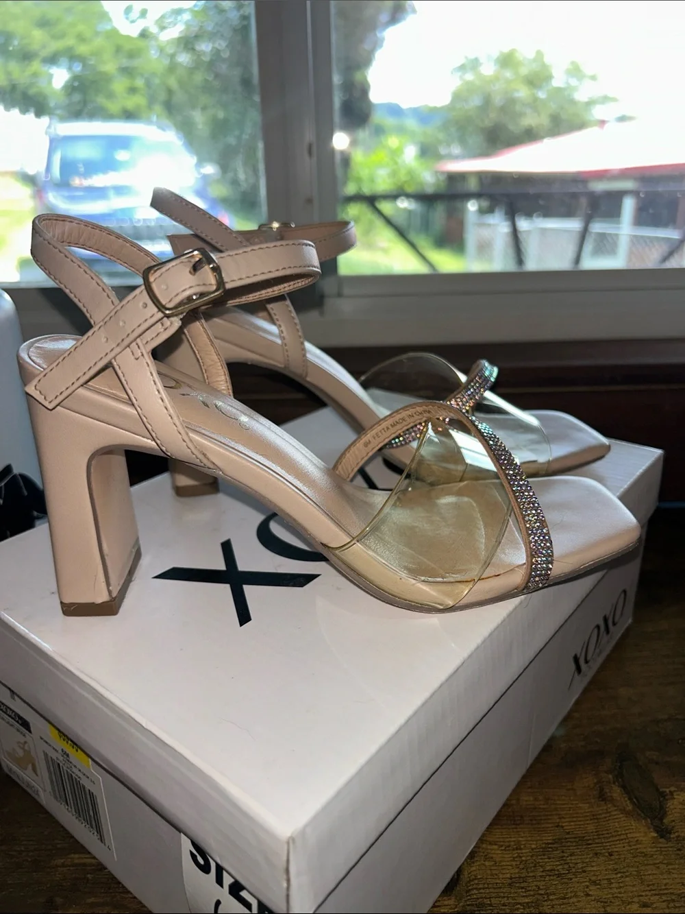 XOXO Nude Beige Heeled Sandals with Rhinestone Strap